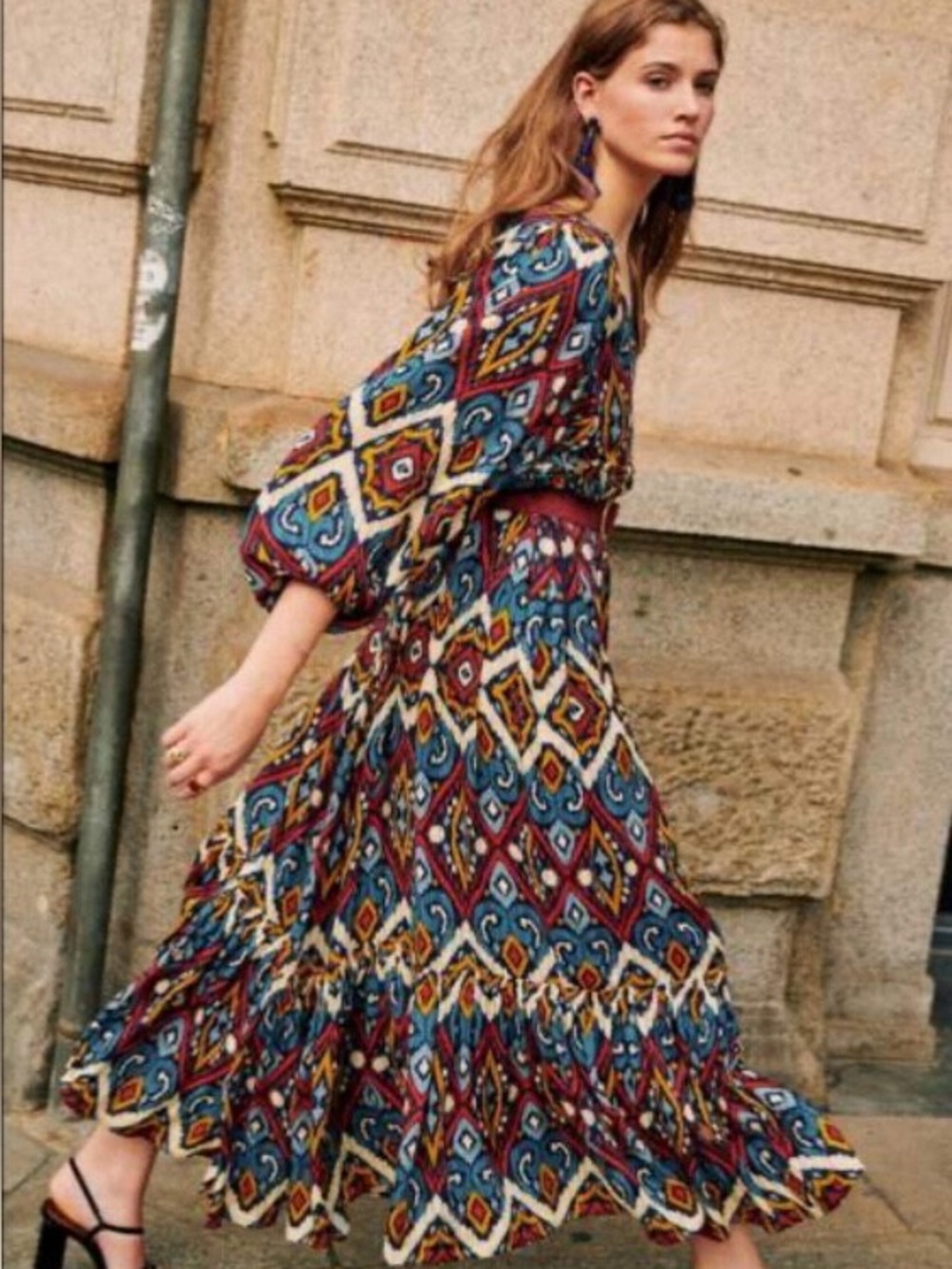 SÉZANE EVELYNA DRESS Geometric multico blue red orange 3/4 sleeve SZ4